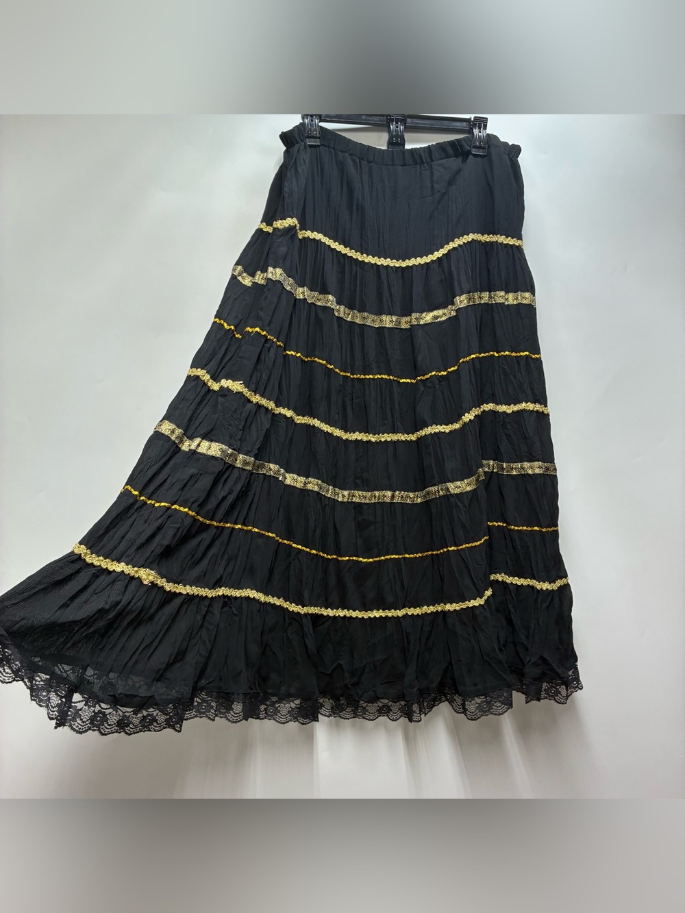 Vintage Y2K Tantrums Tiered Black Gold Lace Circle Maxi Skirt Goth Witch Gypsy